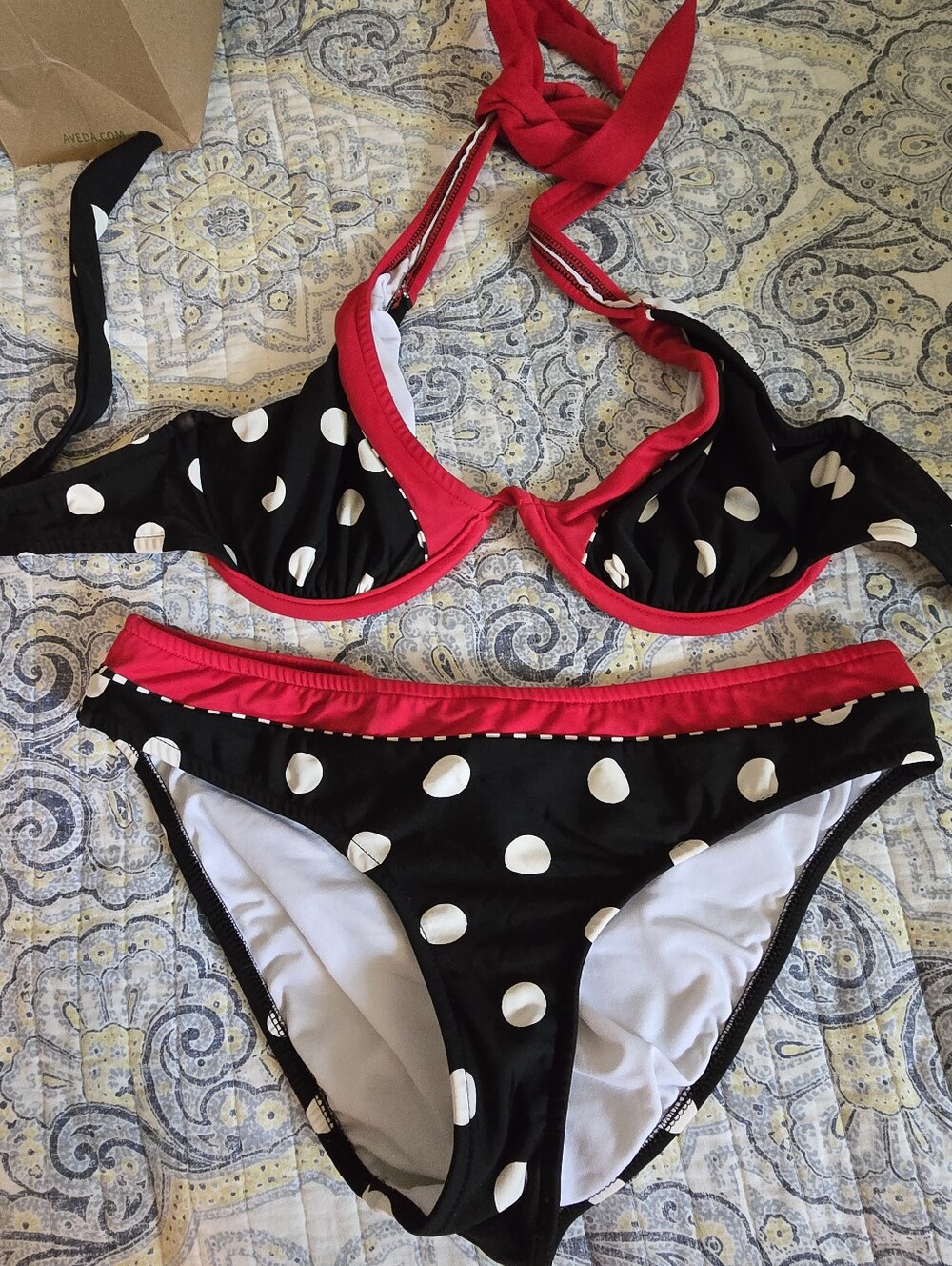 VENUS Black and White Polka Dot Bikini with Red Accent